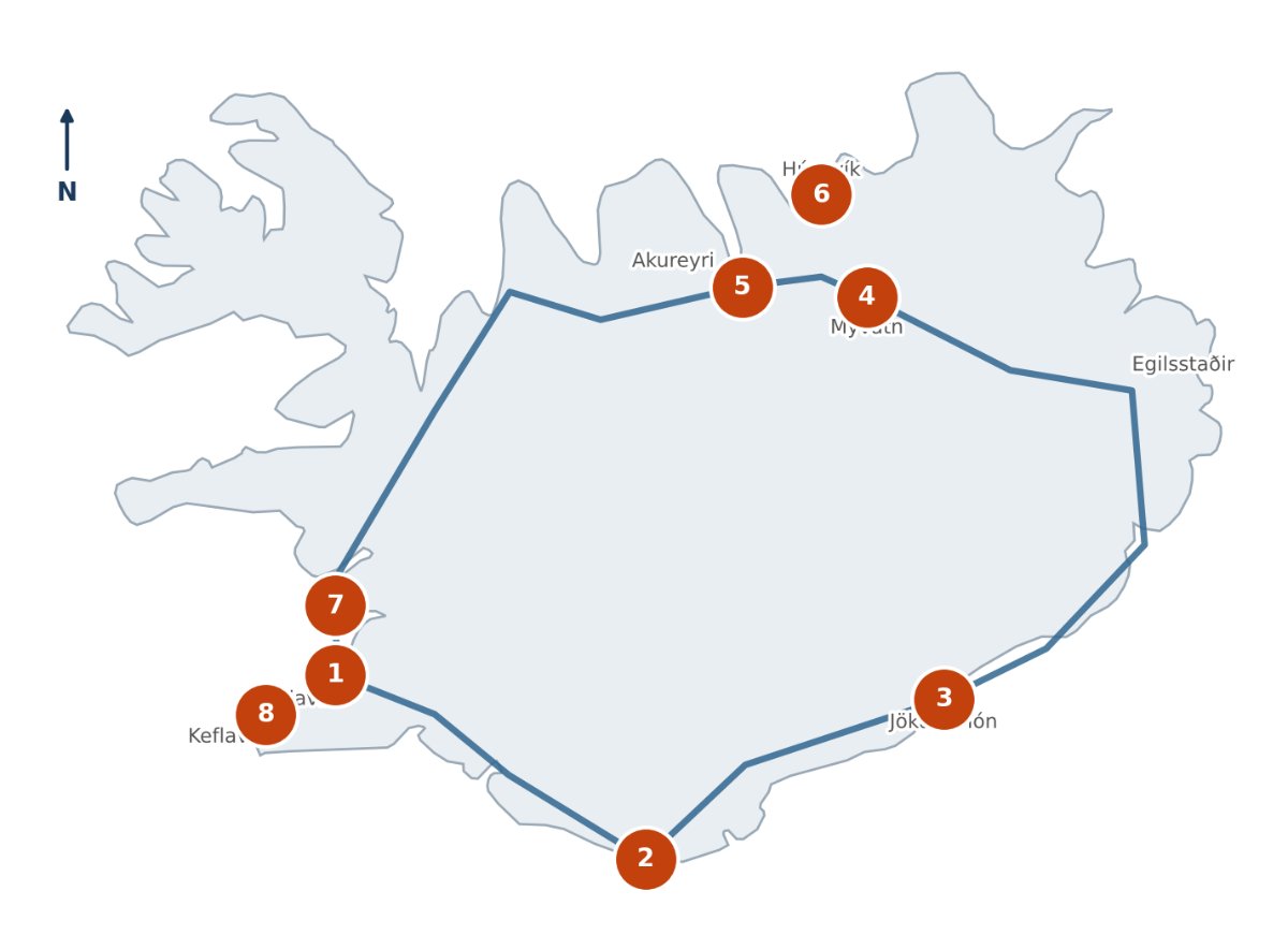 Mappa del percorso ad anello in Islanda (Ring Road)